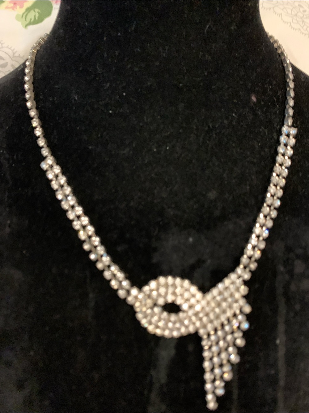 Vintage 60s Crystal Knot Pendant Necklace - Silver Rhinestone Statement